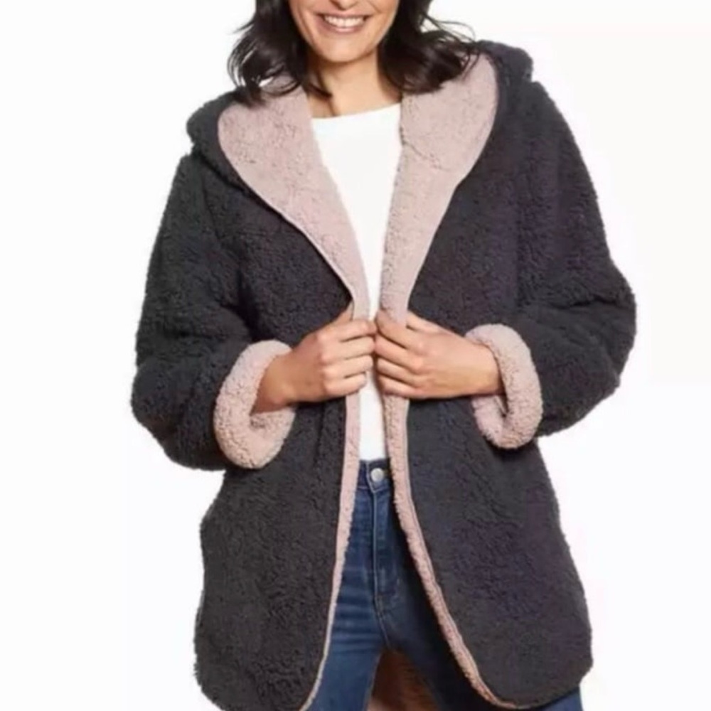 Reversible Plush Hooded Coatigan - Charcoal with Blush Trim